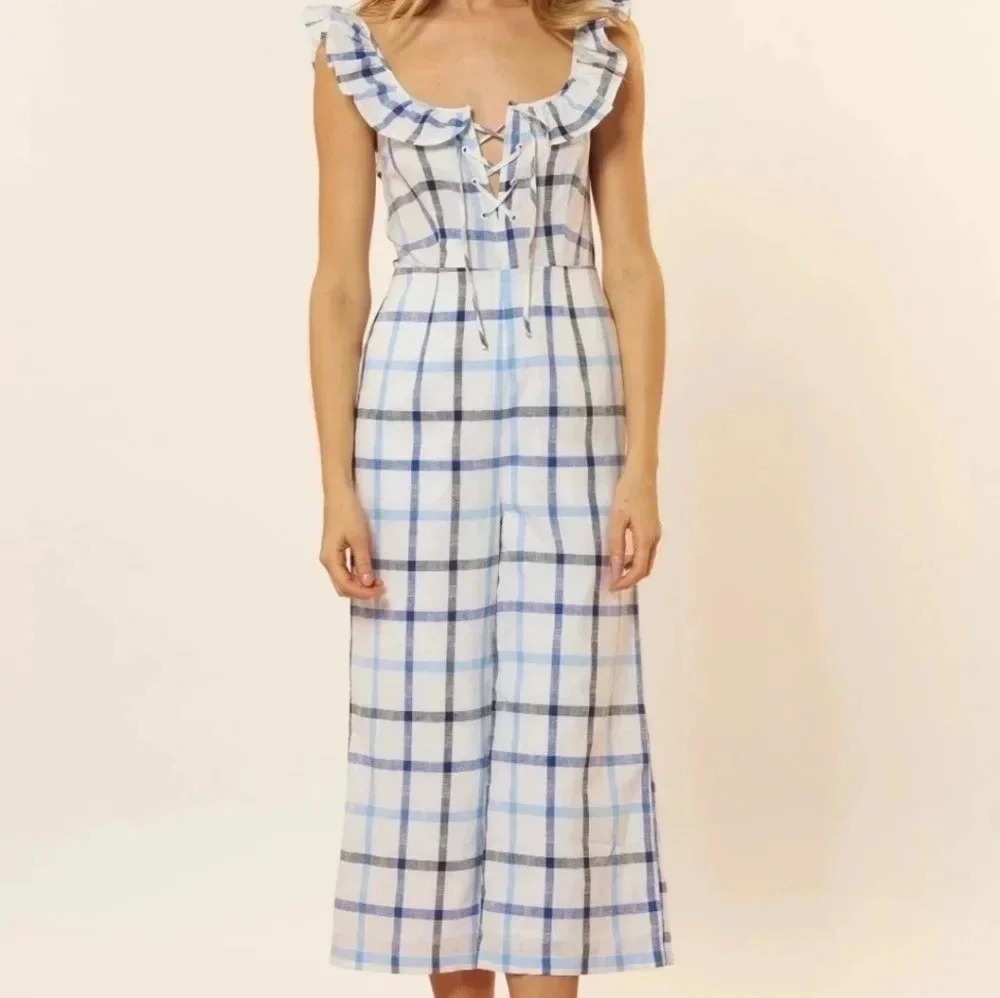 Red Carter Lola Plaid Gingham Linen Cotton Blended Jumpsuit Blue White Sz Small.